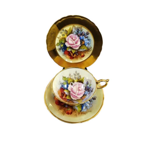 English Porcelain Aynsley J.A. Bailey Cabbage Rose Gold Ribbed Hand